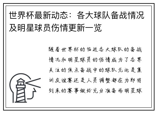 世界杯最新动态：各大球队备战情况及明星球员伤情更新一览